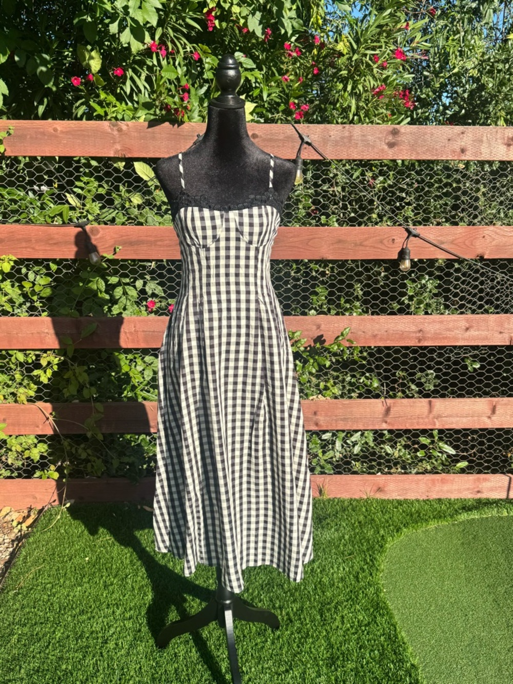 Commense Black & White Gingham Midi Dress with Spaghetti Straps